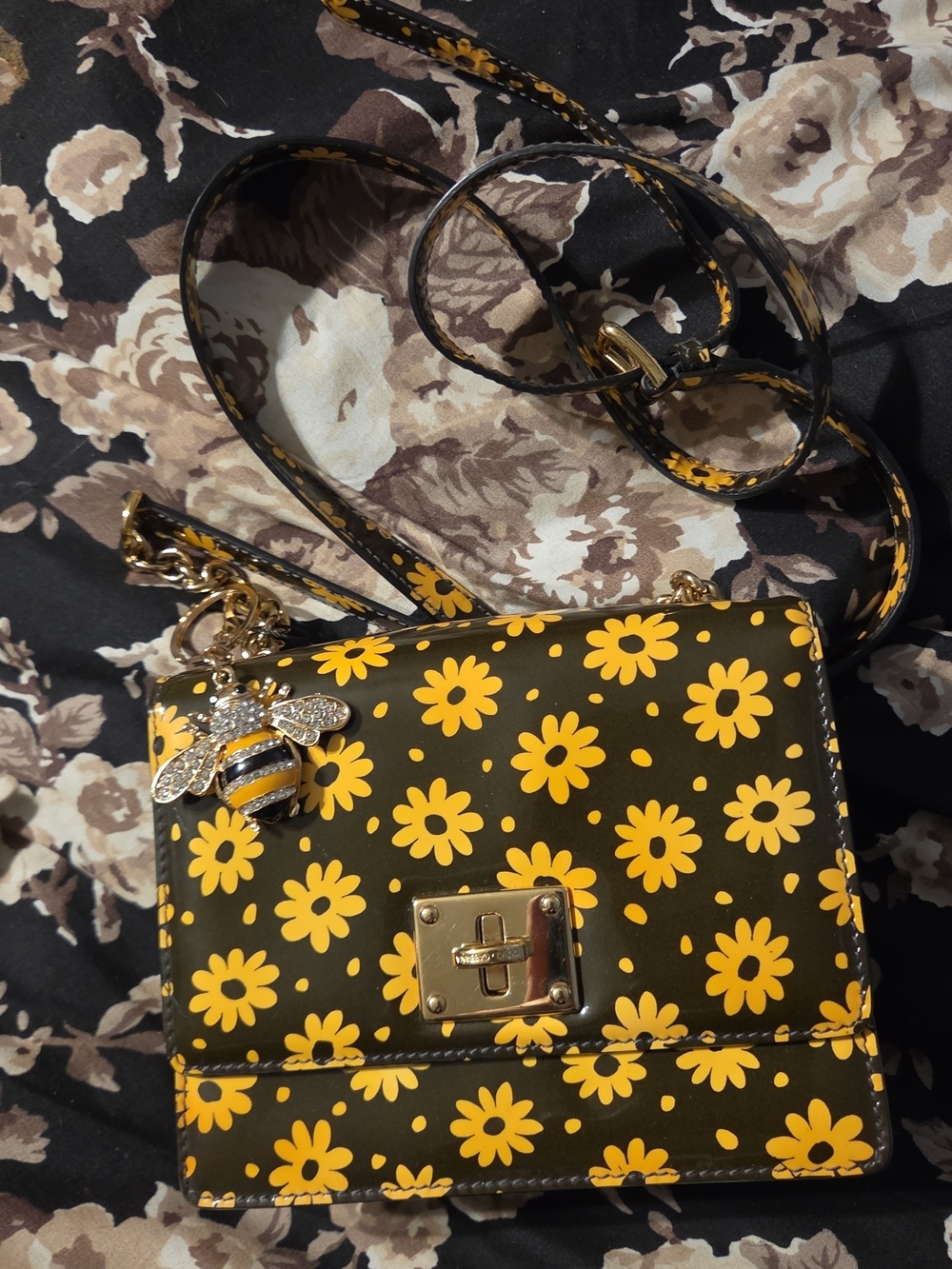 Dolce & Gabbana Black Crossbody Bag with Yellow Daisy Print & Bee Charm